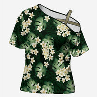 Green Tropical Hawaii Cross Shoulder Shirt Seamless Monstera Plumeria Hawaiian Pattern - Polynesian Pride