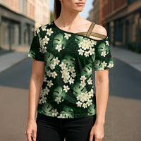 Green Tropical Hawaii Cross Shoulder Shirt Seamless Monstera Plumeria Hawaiian Pattern - Polynesian Pride