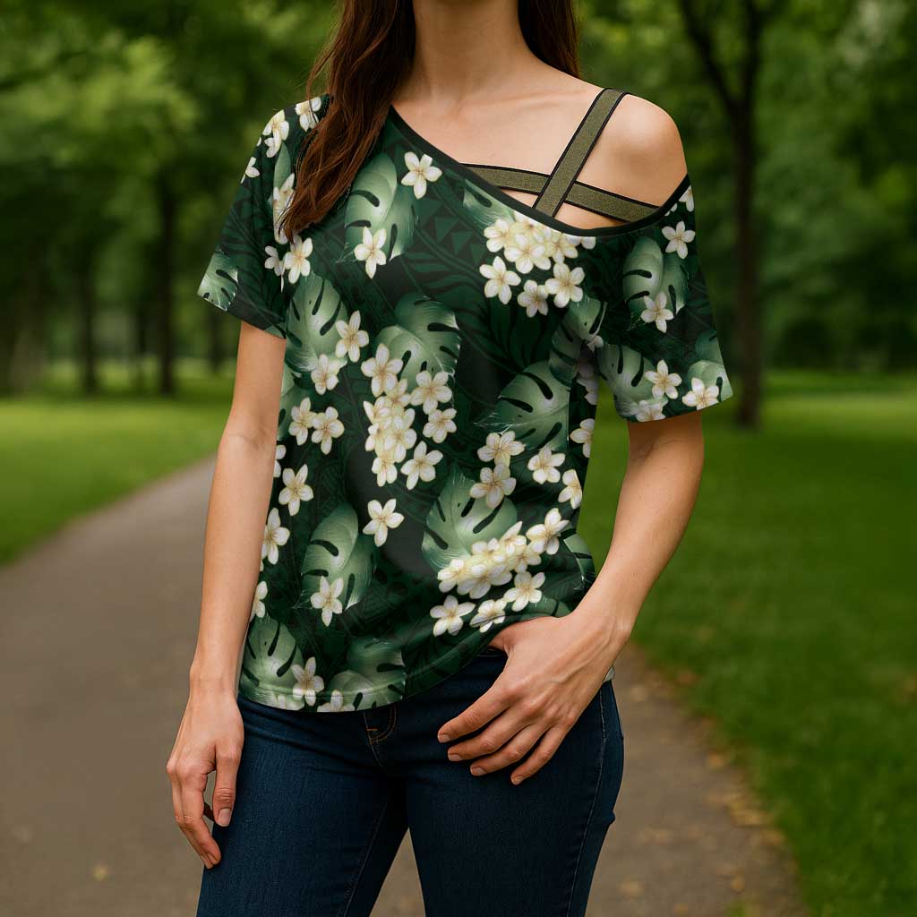 Green Tropical Hawaii Cross Shoulder Shirt Seamless Monstera Plumeria Hawaiian Pattern - Polynesian Pride