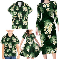 Green Tropical Hawaii Family Matching Long Sleeve Bodycon Dress and Hawaiian Shirt Seamless Monstera Plumeria Hawaiian Pattern LT14 - Polynesian Pride