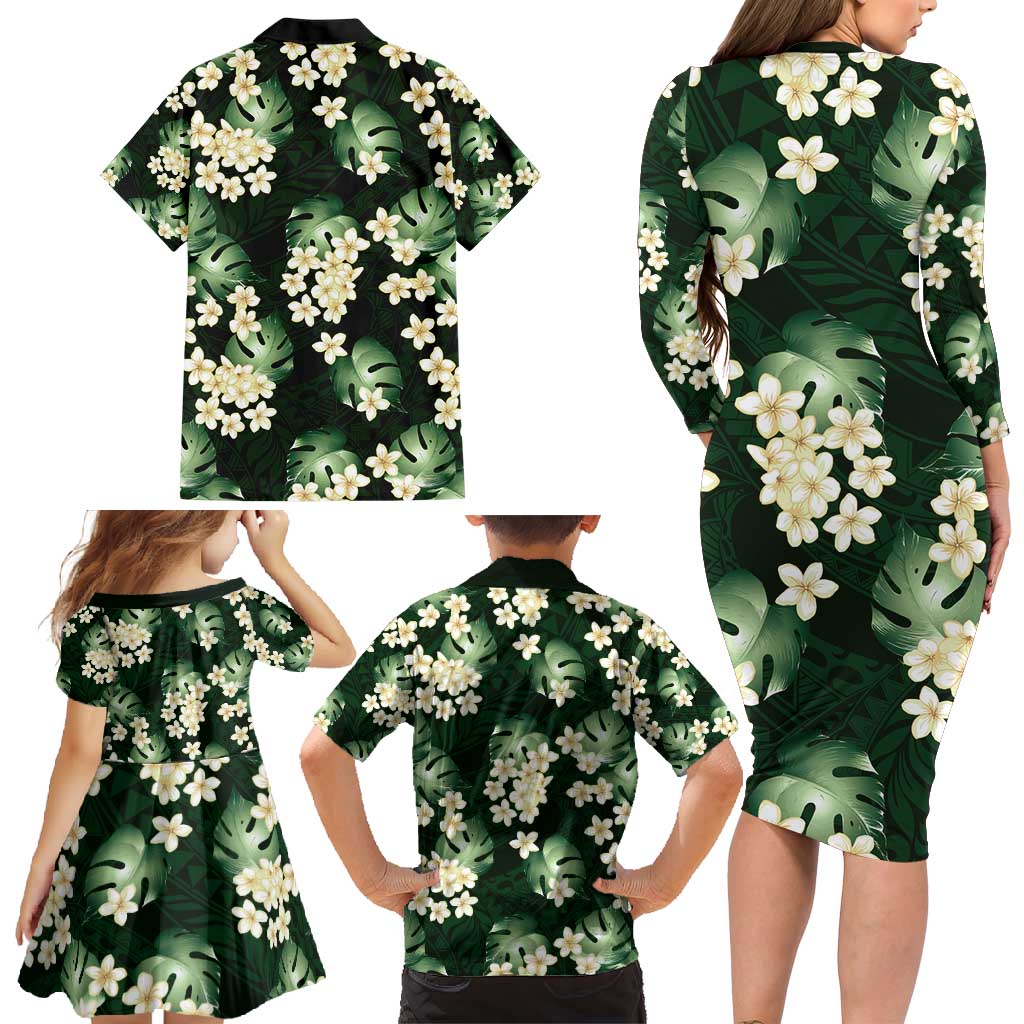 Green Tropical Hawaii Family Matching Long Sleeve Bodycon Dress and Hawaiian Shirt Seamless Monstera Plumeria Hawaiian Pattern LT14 - Polynesian Pride