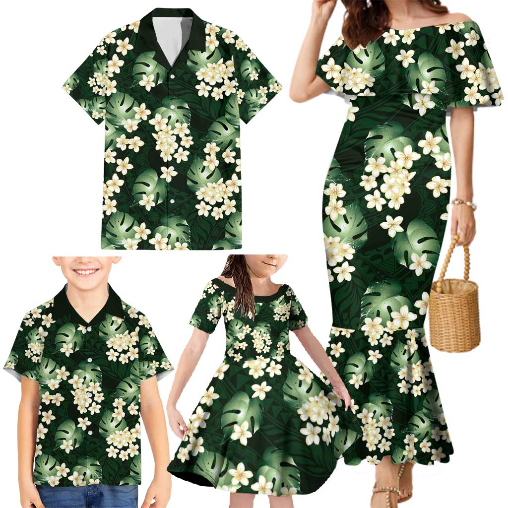 Green Tropical Hawaii Family Matching Mermaid Dress and Hawaiian Shirt - Seamless Monstera Plumeria Hawaiian Pattern LT14 - Polynesian Pride