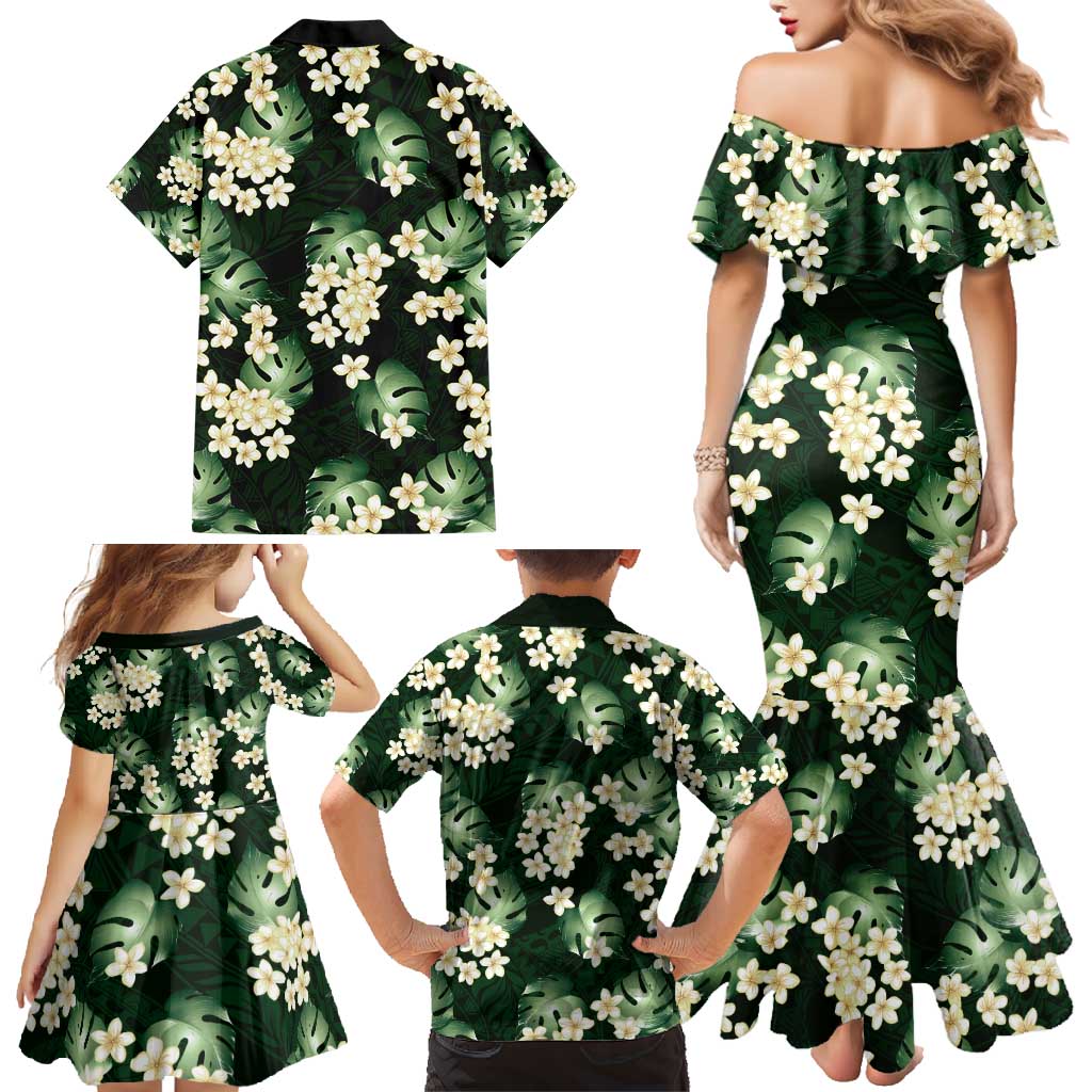 Green Tropical Hawaii Family Matching Mermaid Dress and Hawaiian Shirt - Seamless Monstera Plumeria Hawaiian Pattern LT14 - Polynesian Pride
