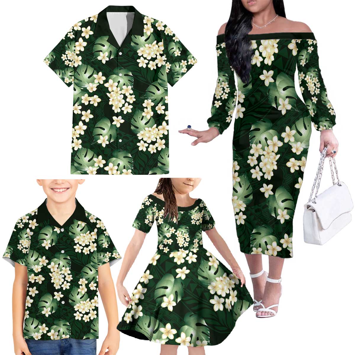 Green Tropical Hawaii Family Matching Off The Shoulder Long Sleeve Dress and Hawaiian Shirt Seamless Monstera Plumeria Hawaiian Pattern LT14 - Polynesian Pride