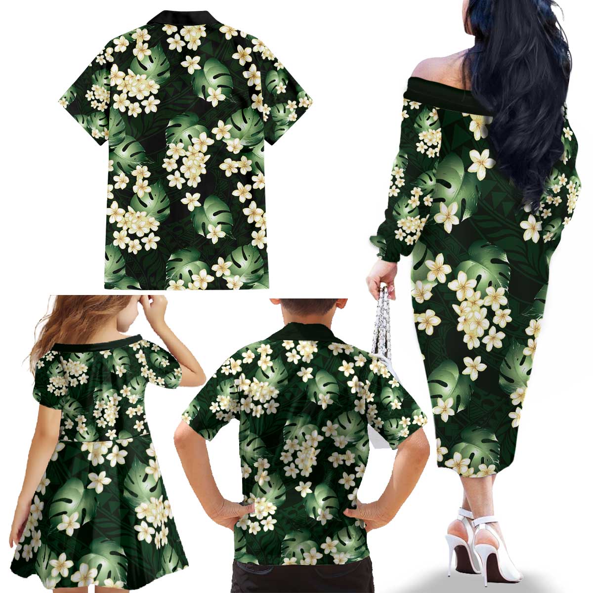 Green Tropical Hawaii Family Matching Off The Shoulder Long Sleeve Dress and Hawaiian Shirt Seamless Monstera Plumeria Hawaiian Pattern LT14 - Polynesian Pride