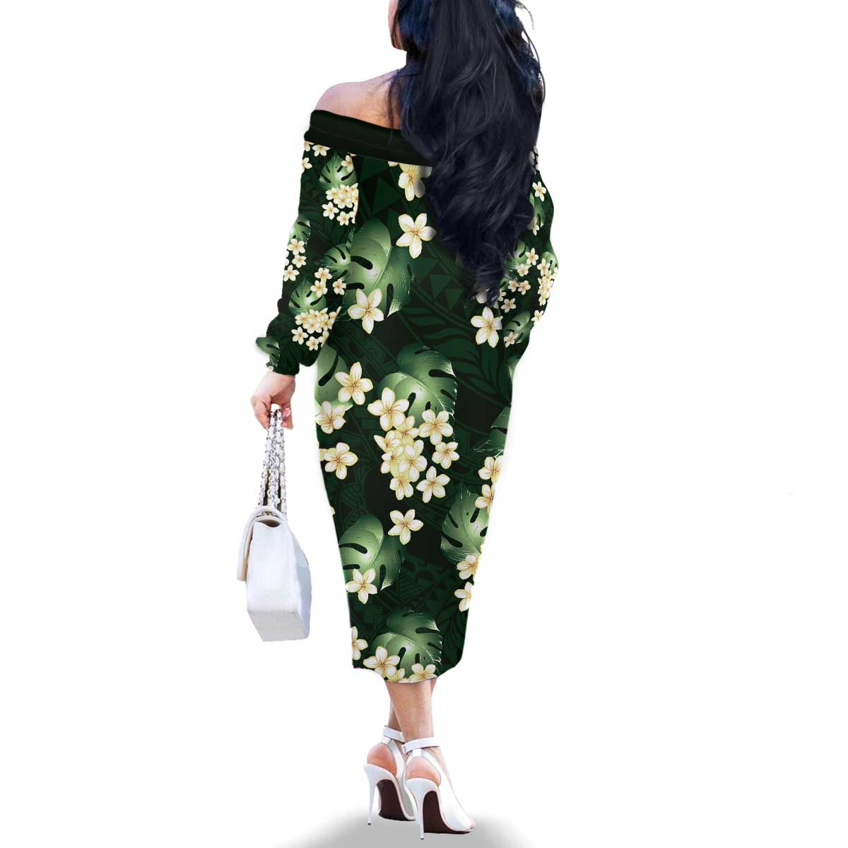Green Tropical Hawaii Family Matching Off The Shoulder Long Sleeve Dress and Hawaiian Shirt Seamless Monstera Plumeria Hawaiian Pattern LT14 - Polynesian Pride