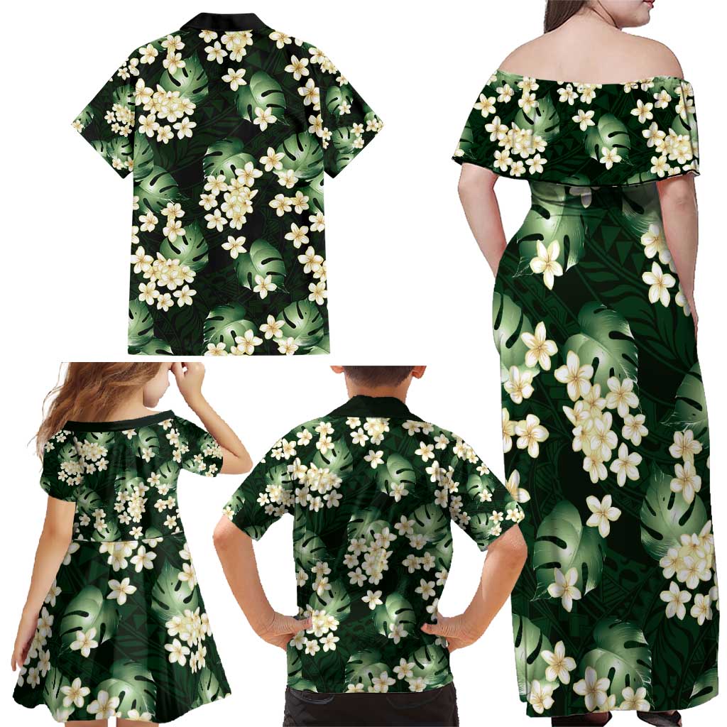 Green Tropical Hawaii Family Matching Off Shoulder Maxi Dress and Hawaiian Shirt Seamless Monstera Plumeria Hawaiian Pattern LT14 - Polynesian Pride