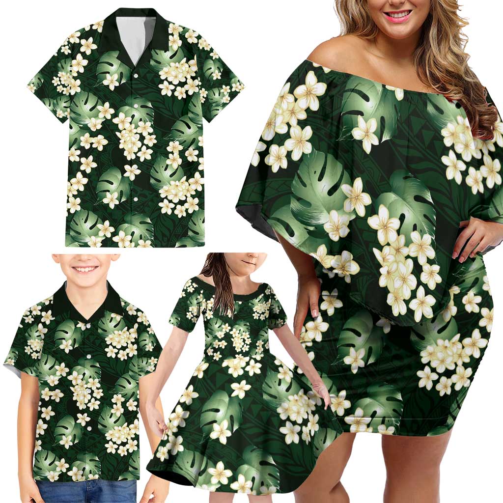 Green Tropical Hawaii Family Matching Off Shoulder Short Dress and Hawaiian Shirt Seamless Monstera Plumeria Hawaiian Pattern LT14 - Polynesian Pride