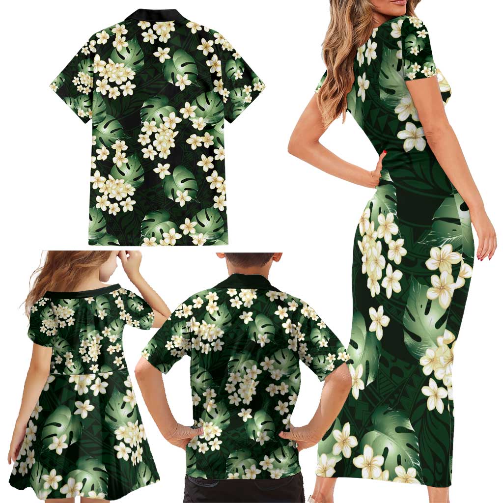 Green Tropical Hawaii Family Matching Short Sleeve Bodycon Dress and Hawaiian Shirt Seamless Monstera Plumeria Hawaiian Pattern LT14 - Polynesian Pride