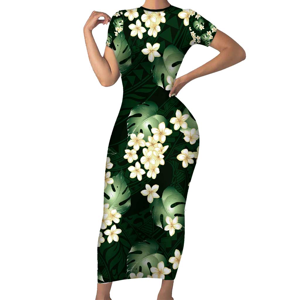 Green Tropical Hawaii Family Matching Short Sleeve Bodycon Dress and Hawaiian Shirt Seamless Monstera Plumeria Hawaiian Pattern LT14 Mom's Dress Green - Polynesian Pride