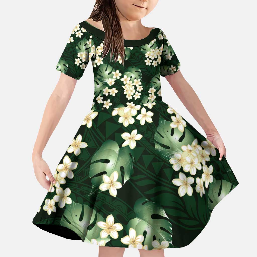 Green Tropical Hawaii Family Matching Summer Maxi Dress and Hawaiian Shirt Seamless Monstera Plumeria Hawaiian Pattern LT14 Daughter's Dress Green - Polynesian Pride