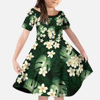 Green Tropical Hawaii Family Matching Summer Maxi Dress and Hawaiian Shirt Seamless Monstera Plumeria Hawaiian Pattern LT14 Daughter's Dress Green - Polynesian Pride