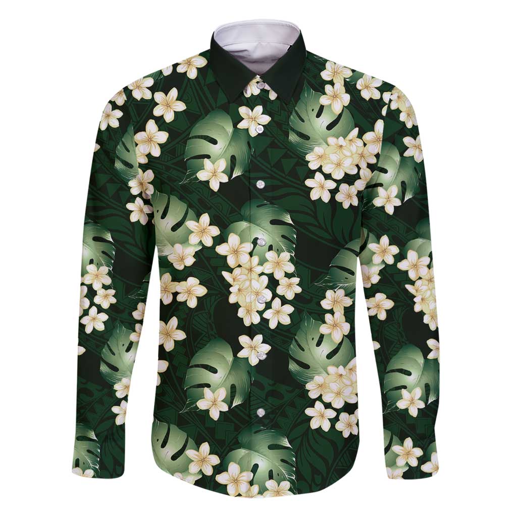 Green Tropical Hawaii Family Matching Tank Maxi Dress and Hawaiian Shirt Seamless Monstera Plumeria Hawaiian Pattern LT14 Dad's Shirt - Long Sleeve Green - Polynesian Pride