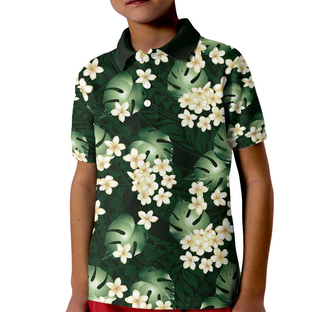 Green Tropical Hawaii Kid Polo Shirt Seamless Monstera Plumeria Hawaiian Pattern LT14 Kid Green - Polynesian Pride