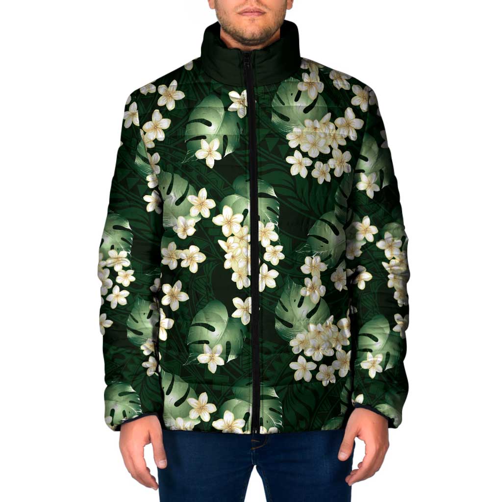 Green Tropical Hawaii Padded Jacket Seamless Monstera Plumeria Hawaiian Pattern - Polynesian Pride