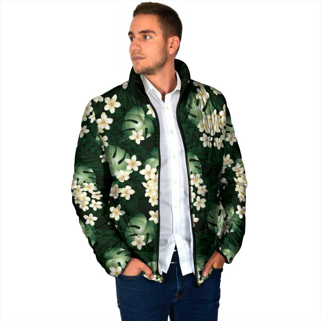 Green Tropical Hawaii Padded Jacket Seamless Monstera Plumeria Hawaiian Pattern - Polynesian Pride