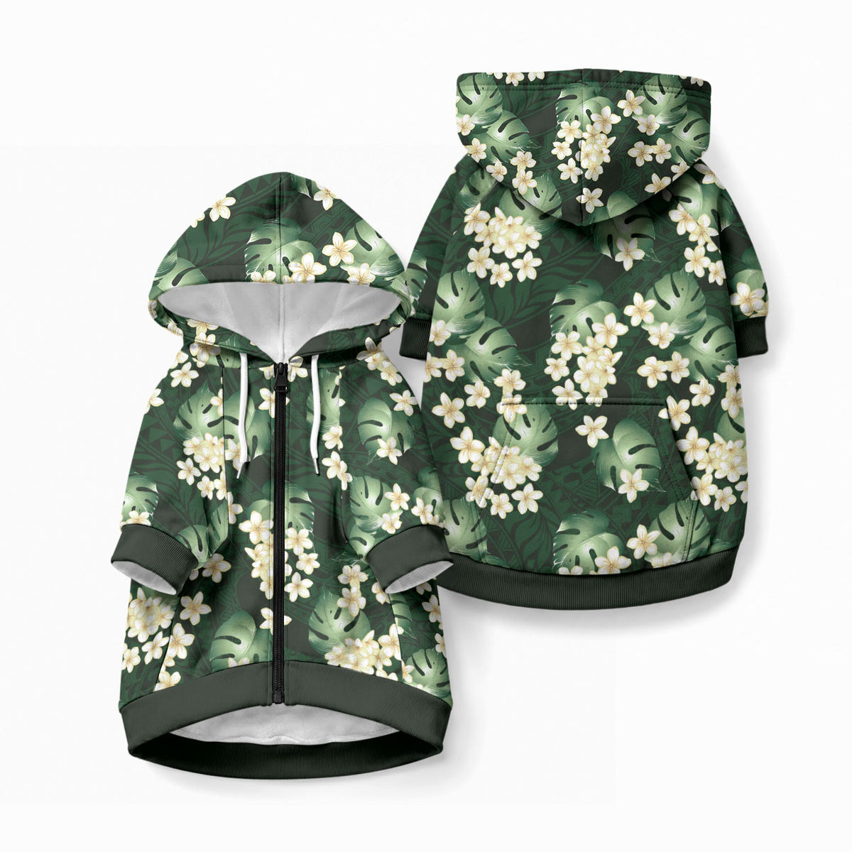 Green Tropical Hawaii Pet Hoodie Seamless Monstera Plumeria Hawaiian Pattern LT14 Zip-up Green - Polynesian Pride