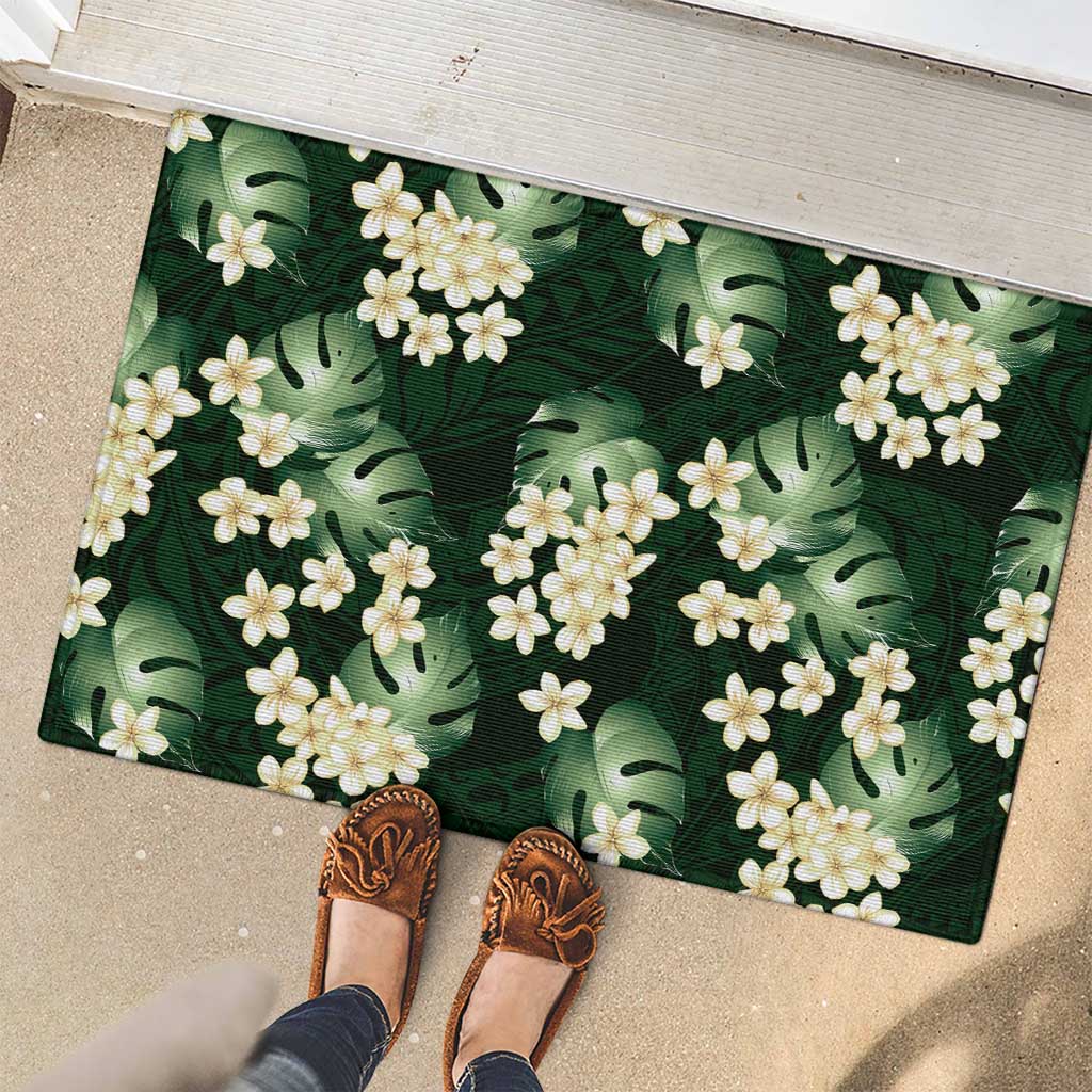 Green Tropical Hawaii Rubber Doormat Seamless Monstera Plumeria Hawaiian Pattern - Polynesian Pride