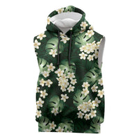 Green Tropical Hawaii Sleeveless Hoodie Seamless Monstera Plumeria Hawaiian Pattern - Polynesian Pride