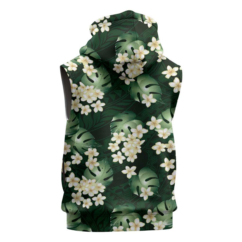 Green Tropical Hawaii Sleeveless Hoodie Seamless Monstera Plumeria Hawaiian Pattern - Polynesian Pride