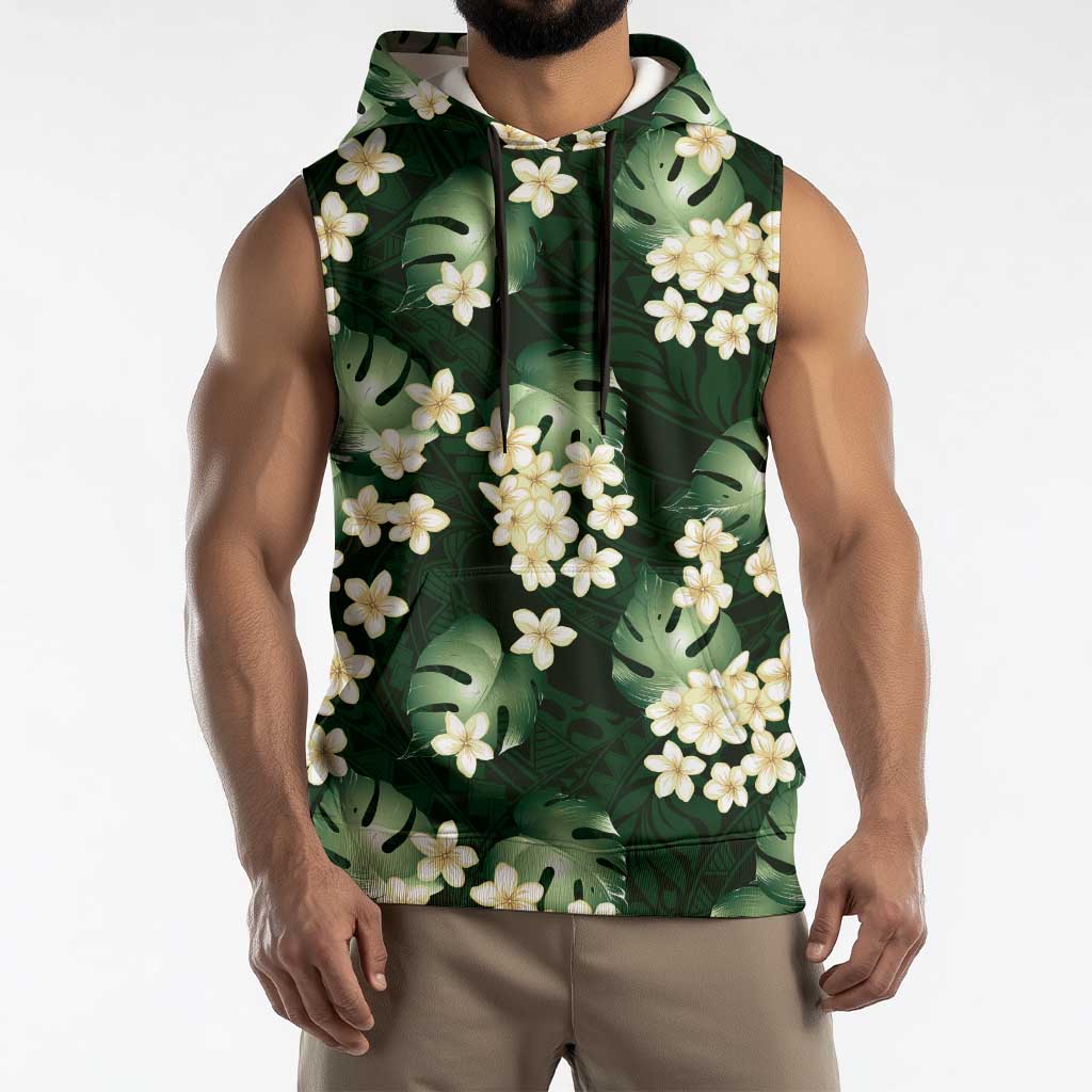 Green Tropical Hawaii Sleeveless Hoodie Seamless Monstera Plumeria Hawaiian Pattern - Polynesian Pride