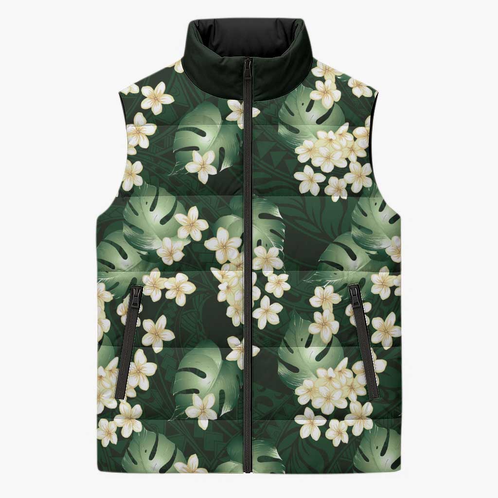 Green Tropical Hawaii Sleeveless Puffer Jacket Seamless Monstera Plumeria Hawaiian Pattern - Polynesian Pride