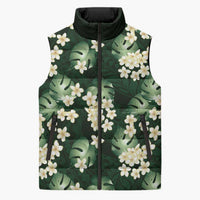 Green Tropical Hawaii Sleeveless Puffer Jacket Seamless Monstera Plumeria Hawaiian Pattern - Polynesian Pride