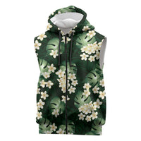 Green Tropical Hawaii Sleeveless Zip Hoodie Seamless Monstera Plumeria Hawaiian Pattern - Polynesian Pride