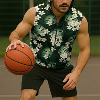 Green Tropical Hawaii Sleeveless Zip Hoodie Seamless Monstera Plumeria Hawaiian Pattern - Polynesian Pride