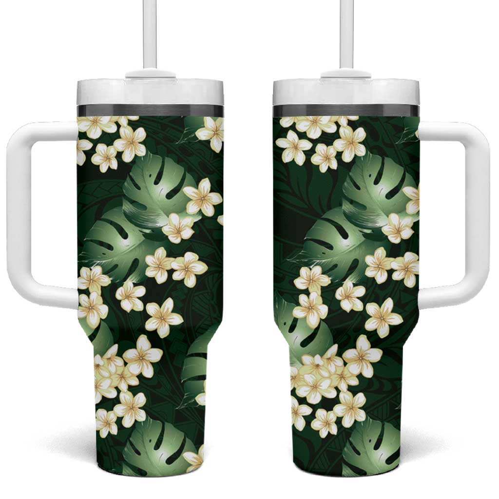 Green Tropical Hawaii Tumbler With Handle Seamless Monstera Plumeria Hawaiian Pattern - Polynesian Pride