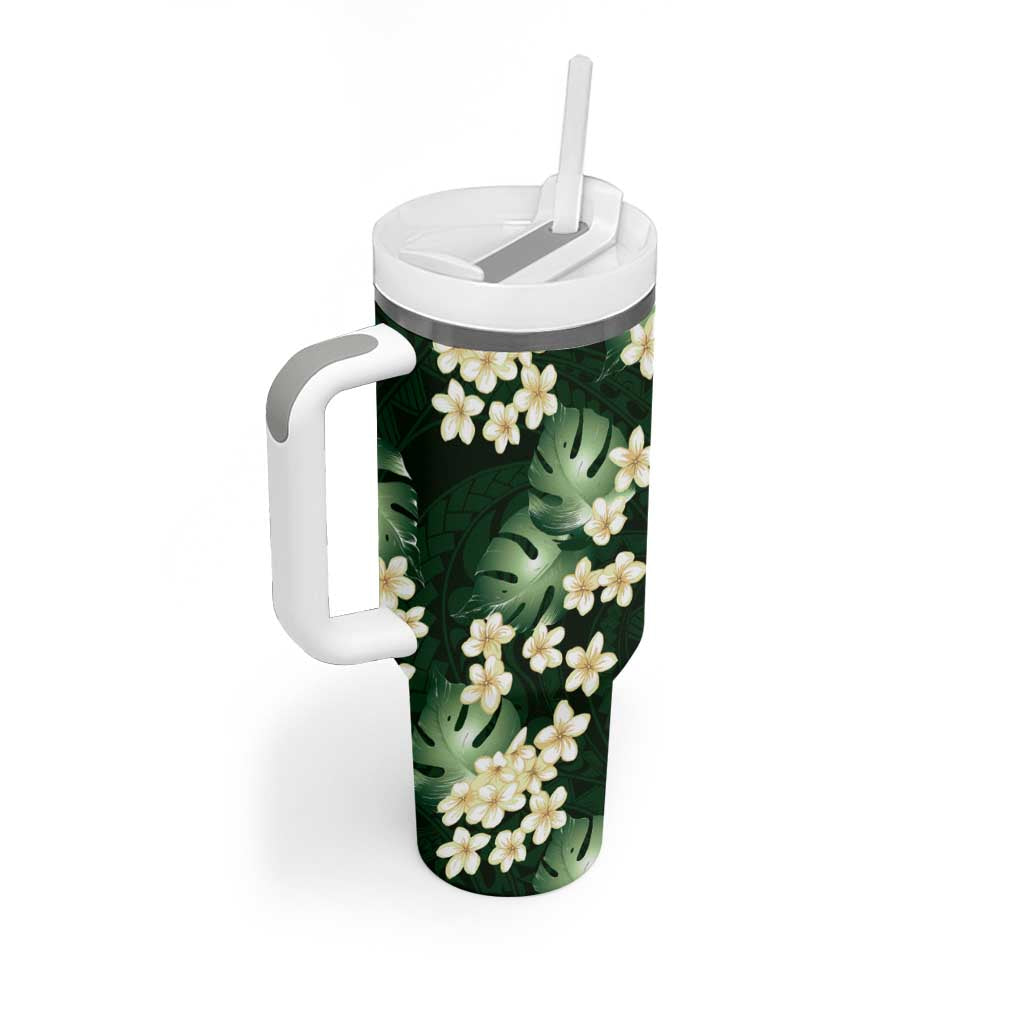 Green Tropical Hawaii Tumbler With Handle Seamless Monstera Plumeria Hawaiian Pattern - Polynesian Pride