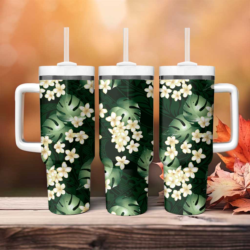 Green Tropical Hawaii Tumbler With Handle Seamless Monstera Plumeria Hawaiian Pattern - Polynesian Pride