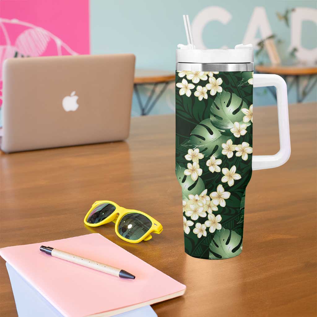 Green Tropical Hawaii Tumbler With Handle Seamless Monstera Plumeria Hawaiian Pattern - Polynesian Pride