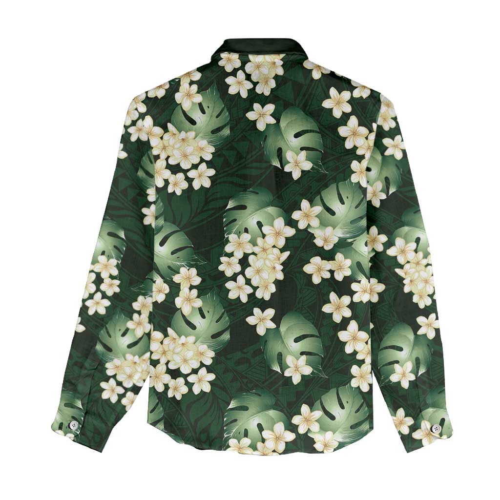 Green Tropical Hawaii Women Casual Shirt Seamless Monstera Plumeria Hawaiian Pattern - Polynesian Pride