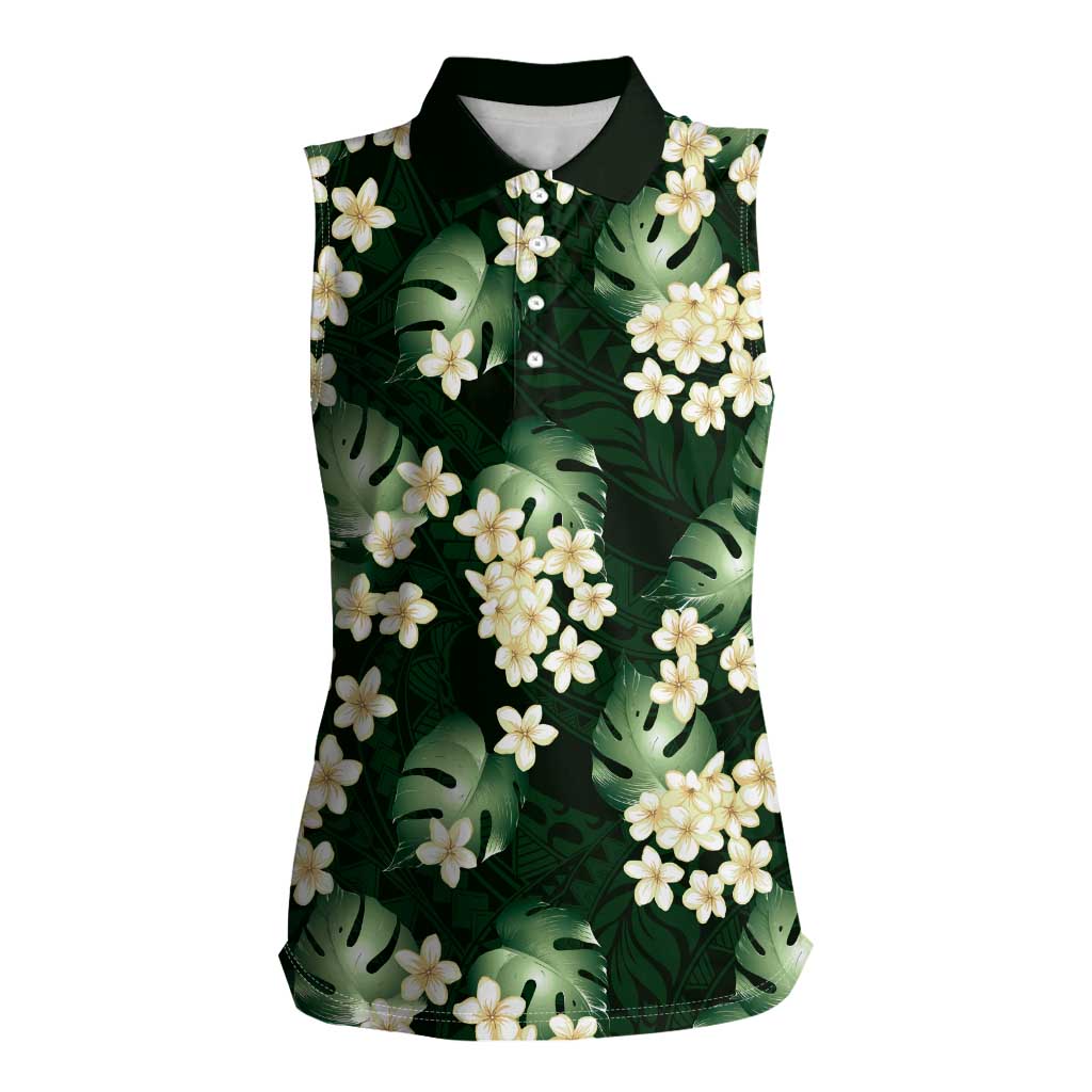 Green Tropical Hawaii Women Sleeveless Polo Shirt Seamless Monstera Plumeria Hawaiian Pattern - Polynesian Pride