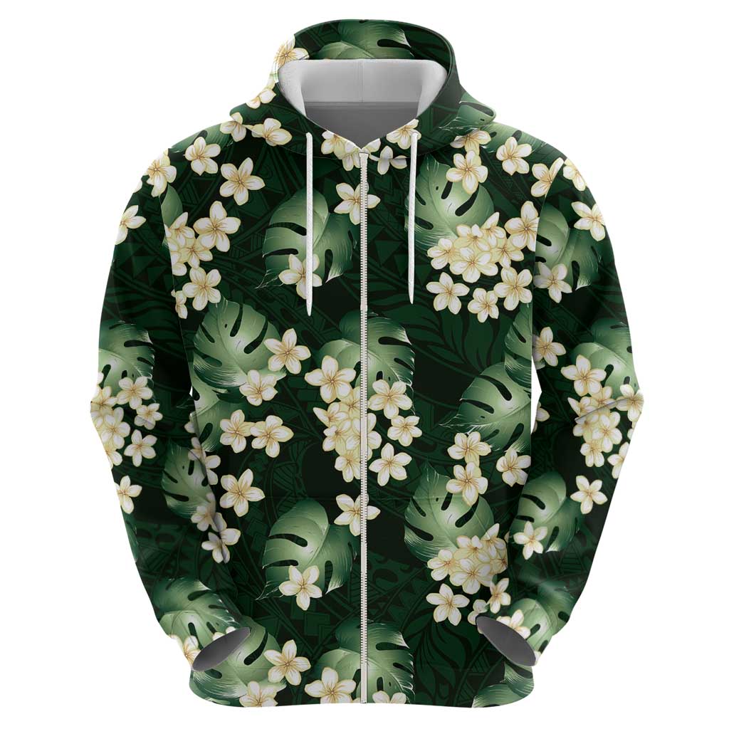 Green Tropical Hawaii Zip Hoodie Seamless Monstera Plumeria Hawaiian Pattern LT14 - Polynesian Pride
