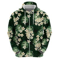 Green Tropical Hawaii Zip Hoodie Seamless Monstera Plumeria Hawaiian Pattern LT14 - Polynesian Pride