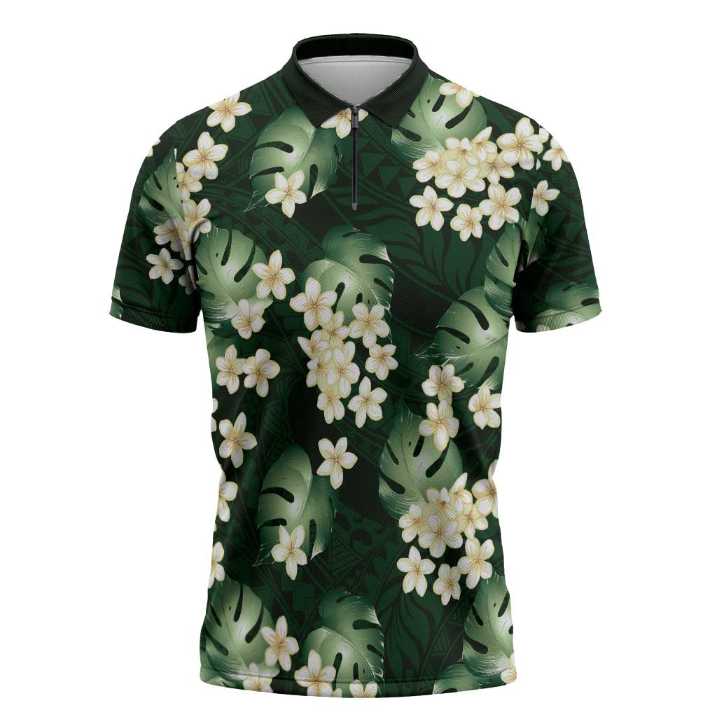 Green Tropical Hawaii Zipper Polo Shirt Seamless Monstera Plumeria Hawaiian Pattern - Polynesian Pride