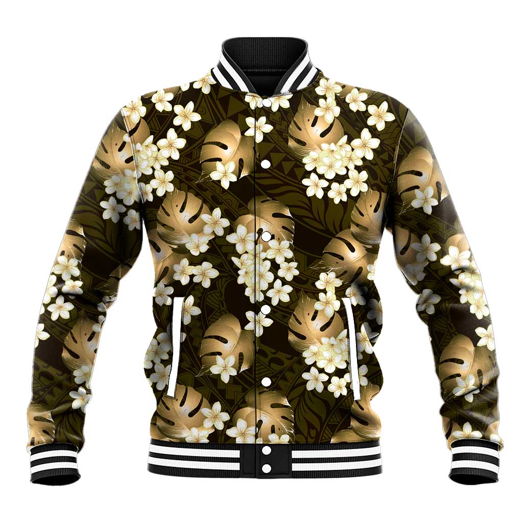 Gold Tropical Hawaii Baseball Jacket Seamless Monstera Plumeria Hawaiian Pattern - Polynesian Pride