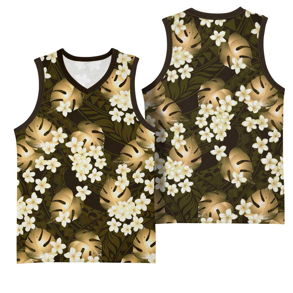 Gold Tropical Hawaii Basketball Jersey Seamless Monstera Plumeria Hawaiian Pattern - Polynesian Pride