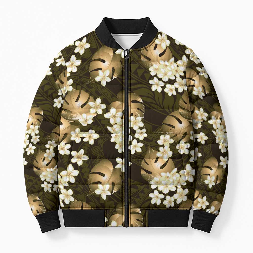 Gold Tropical Hawaii Bomber Puffer Jacket Seamless Monstera Plumeria Hawaiian Pattern LT14 Unisex Gold - Polynesian Pride