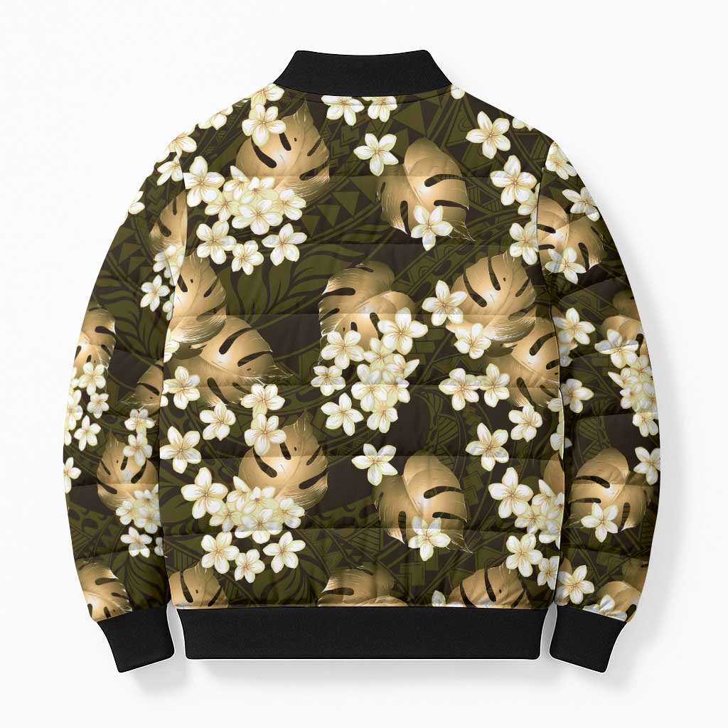 Gold Tropical Hawaii Bomber Puffer Jacket Seamless Monstera Plumeria Hawaiian Pattern - Polynesian Pride