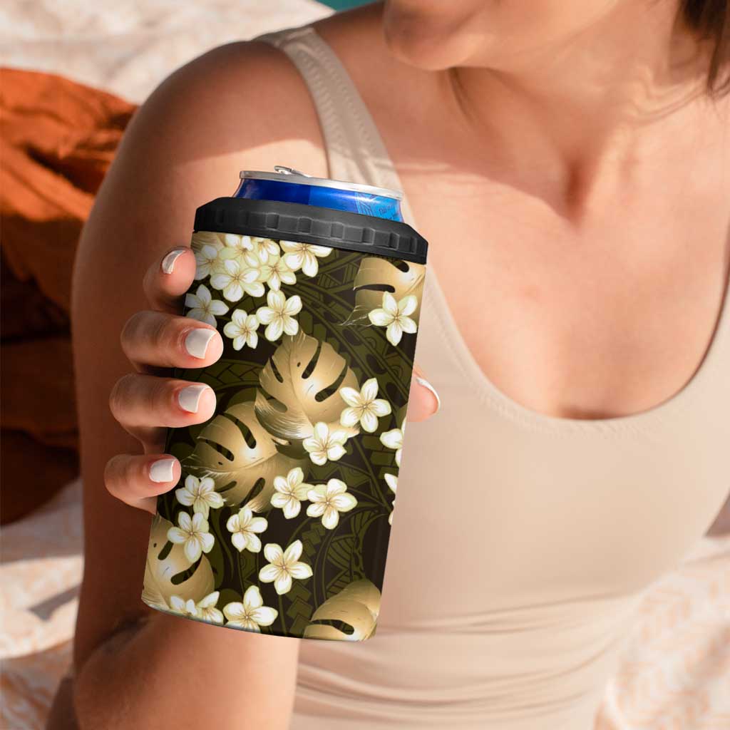 Gold Tropical Hawaii 4 in 1 Can Cooler Tumbler Seamless Monstera Plumeria Hawaiian Pattern - Polynesian Pride