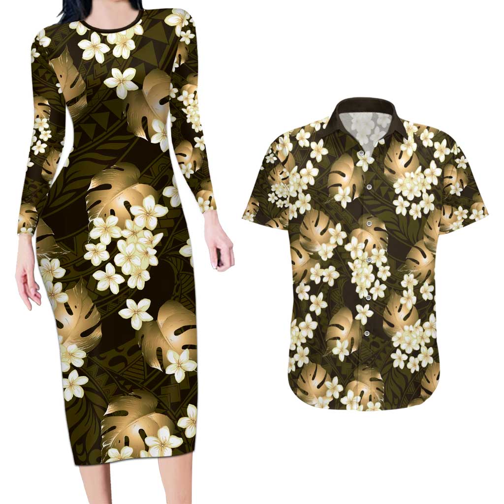 Gold Tropical Hawaii Couples Matching Long Sleeve Bodycon Dress and Hawaiian Shirt Seamless Monstera Plumeria Hawaiian Pattern LT14 Gold - Polynesian Pride