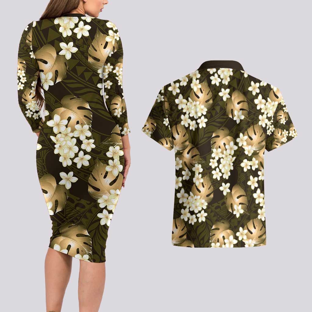 Gold Tropical Hawaii Couples Matching Long Sleeve Bodycon Dress and Hawaiian Shirt Seamless Monstera Plumeria Hawaiian Pattern - Polynesian Pride