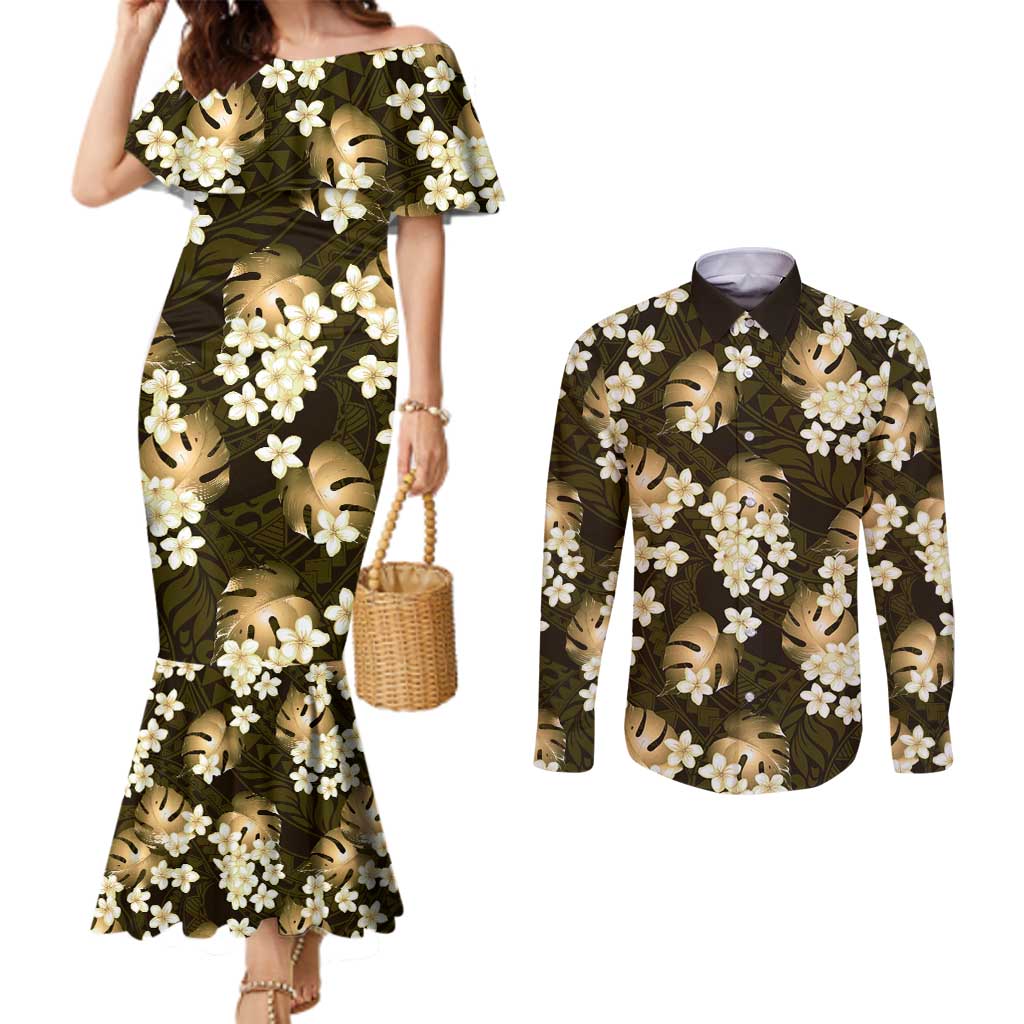 Gold Tropical Hawaii Couples Matching Mermaid Dress and Long Sleeve Button Shirt Seamless Monstera Plumeria Hawaiian Pattern - Polynesian Pride