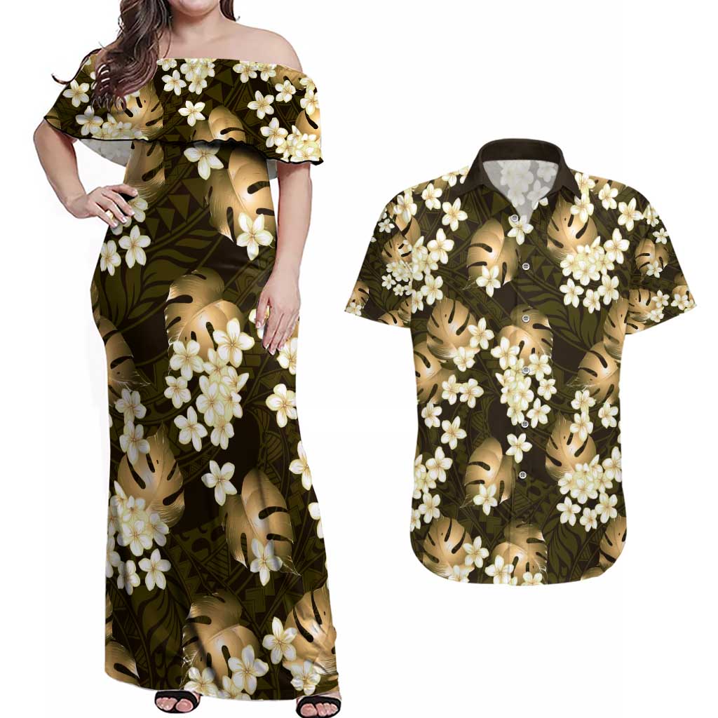 Gold Tropical Hawaii Couples Matching Off Shoulder Maxi Dress and Hawaiian Shirt Seamless Monstera Plumeria Hawaiian Pattern LT14 Gold - Polynesian Pride
