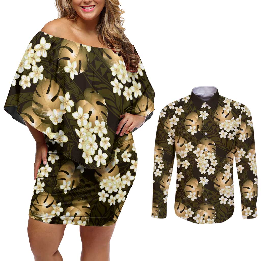 Gold Tropical Hawaii Couples Matching Off Shoulder Short Dress and Long Sleeve Button Shirt Seamless Monstera Plumeria Hawaiian Pattern LT14 Gold - Polynesian Pride