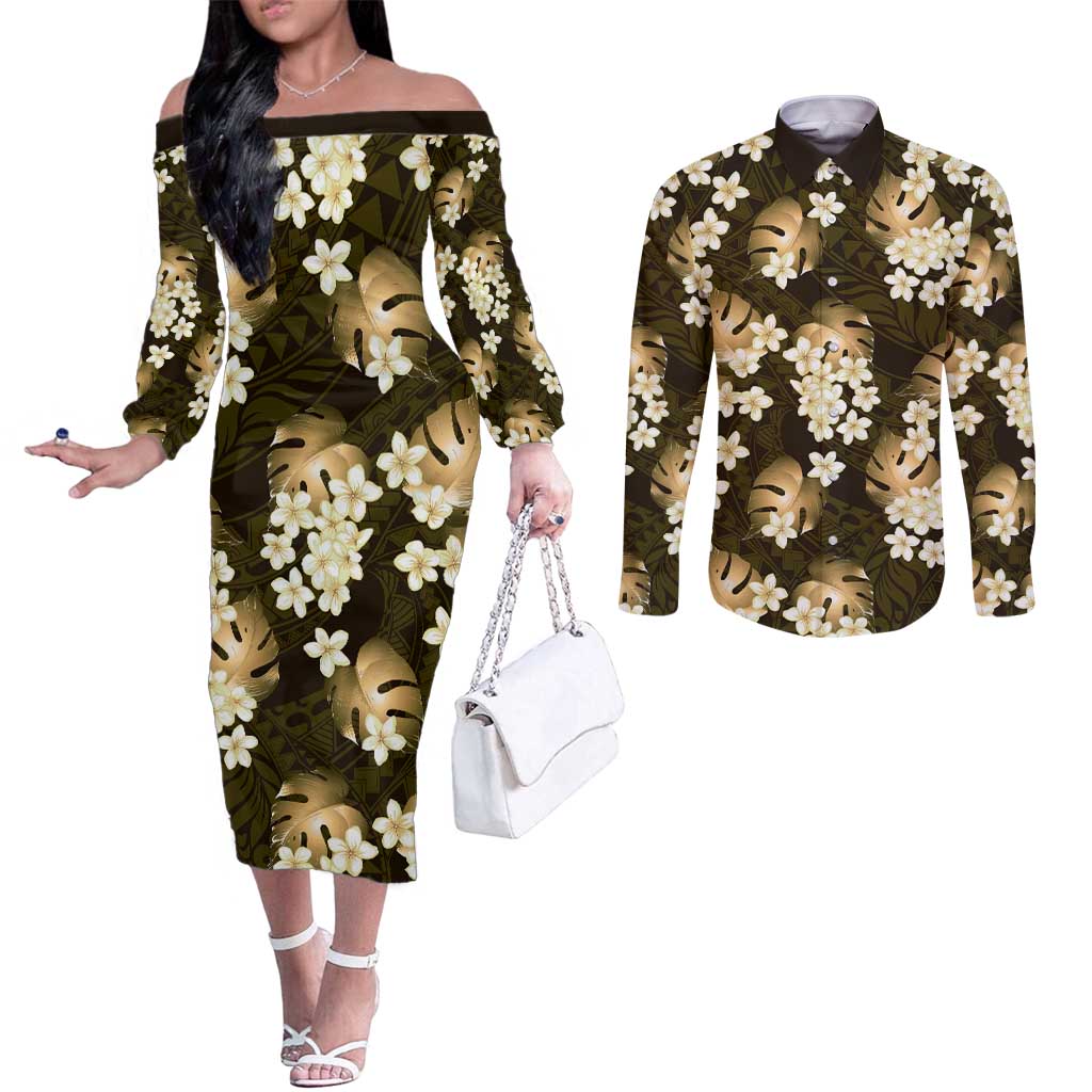 Gold Tropical Hawaii Couples Matching Off The Shoulder Long Sleeve Dress and Long Sleeve Button Shirt Seamless Monstera Plumeria Hawaiian Pattern LT14 Gold - Polynesian Pride