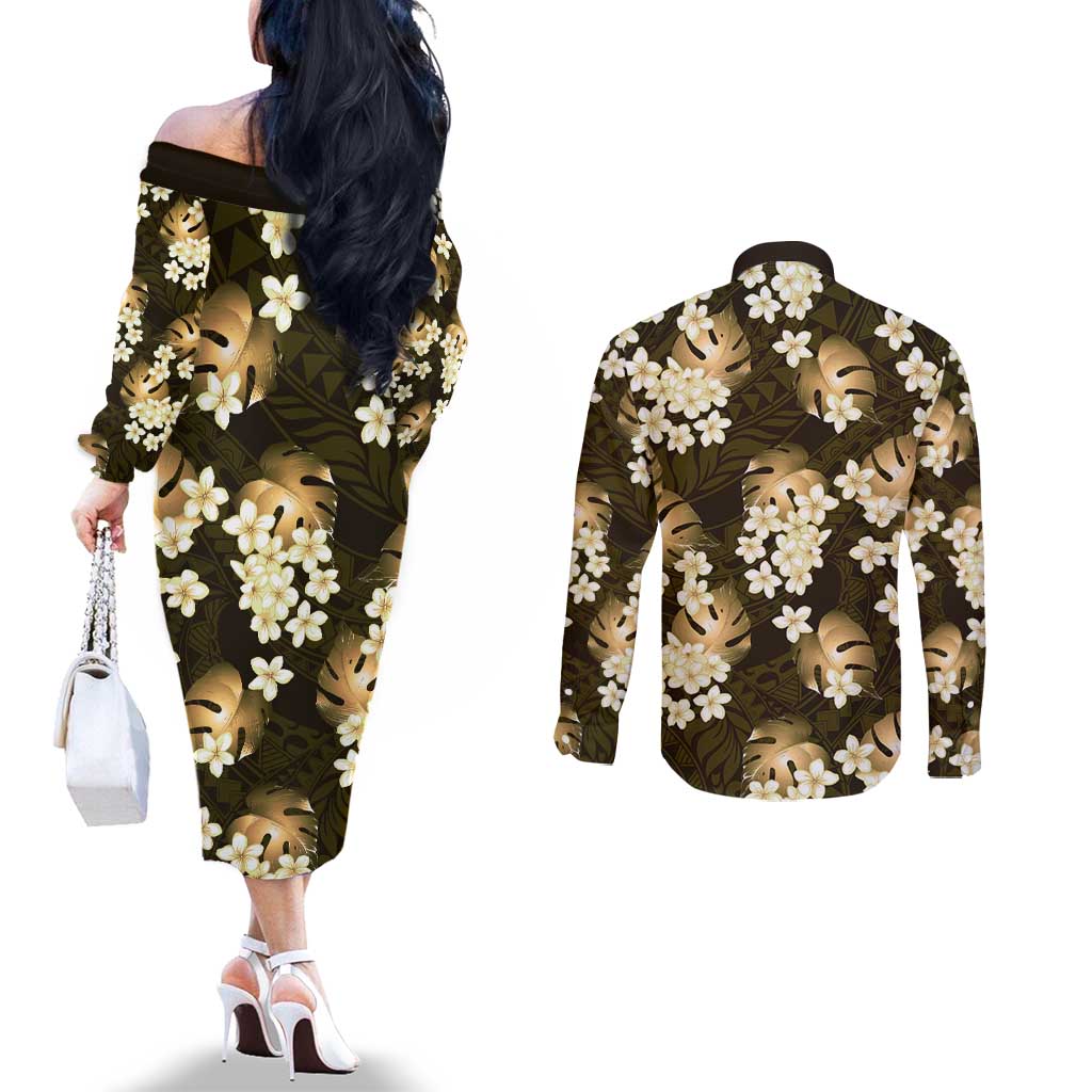 Gold Tropical Hawaii Couples Matching Off The Shoulder Long Sleeve Dress and Long Sleeve Button Shirt Seamless Monstera Plumeria Hawaiian Pattern - Polynesian Pride